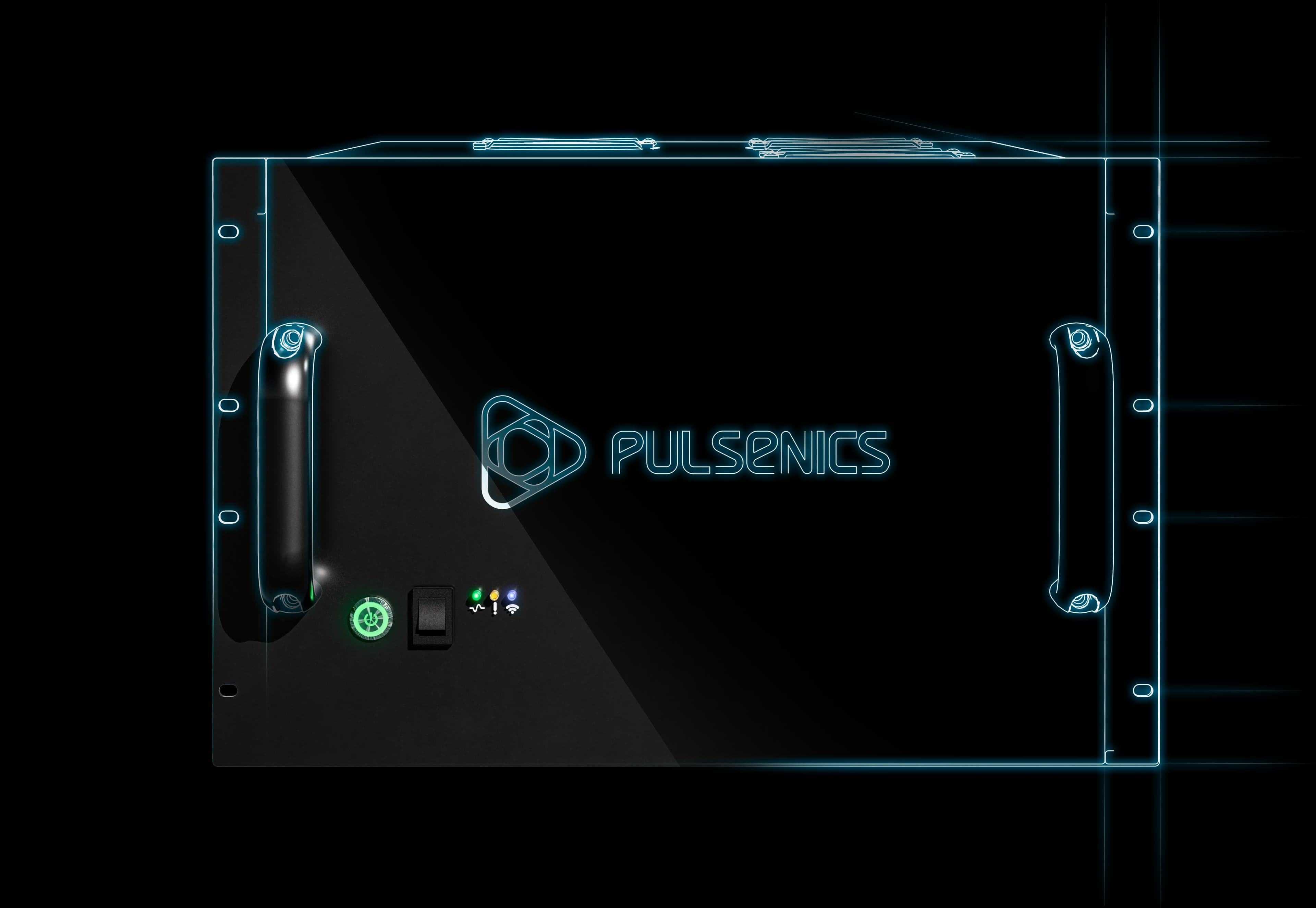 Exploded technical rendering of the Pulsenics Pulse Series unit with glowing highlight overlay